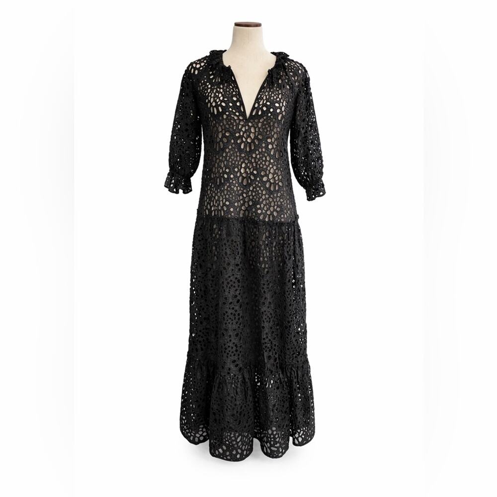 NWT DX Collection Black Eyelet Lace Maxi Dress Size S Beach Resort Cover Up - Picture 2 of 12